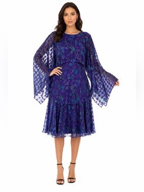Vintage Patra 1980s Sheer Overlay Dress Purple Blue Floral Made USA Medium